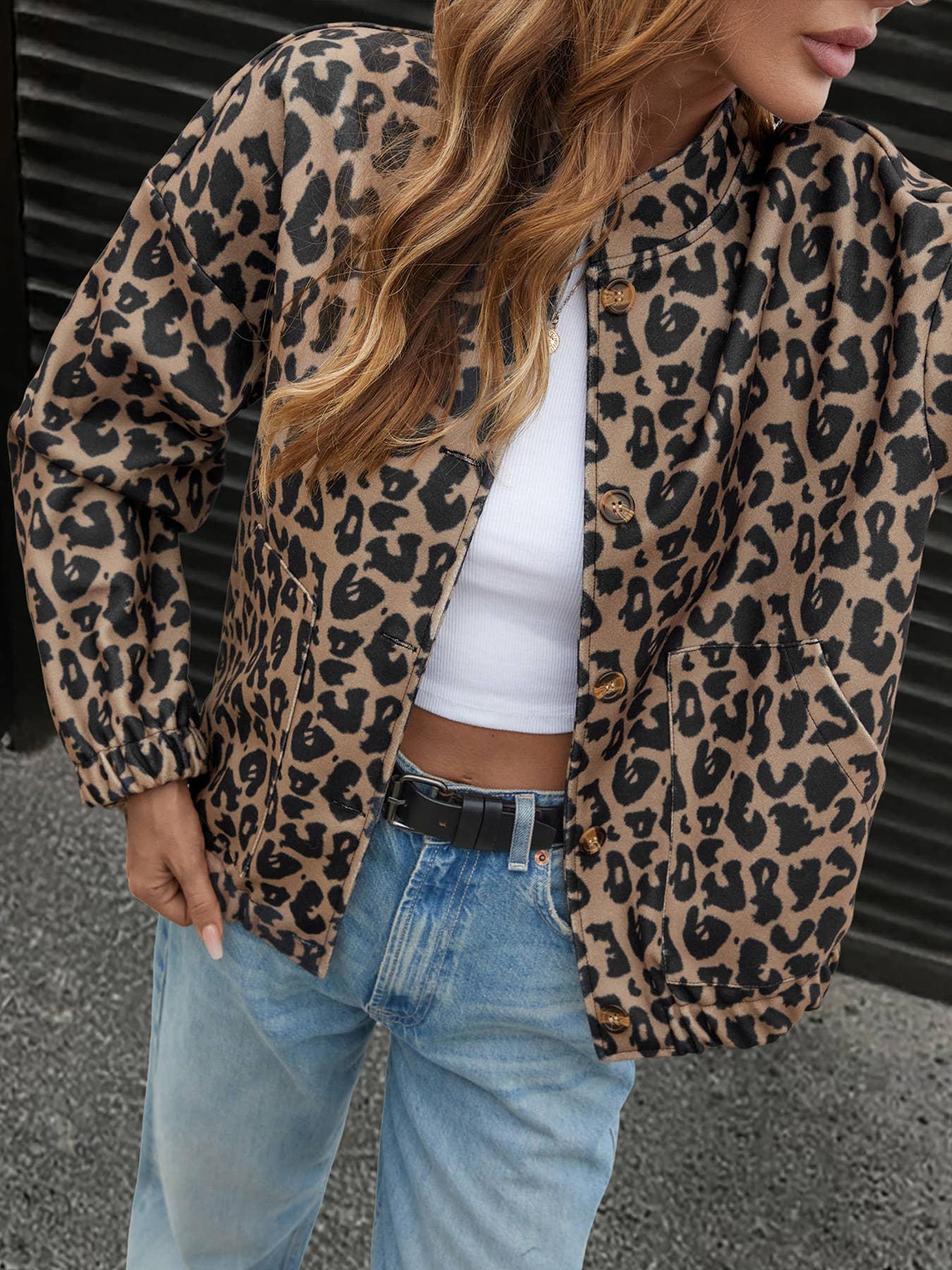Trendy retro stand-up collar leopard print coat