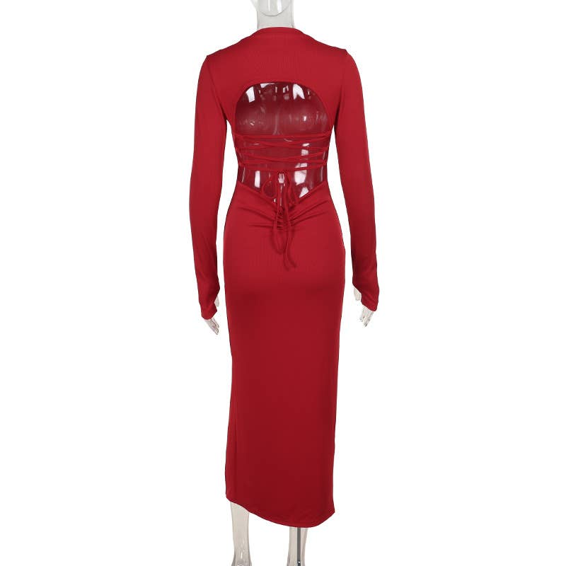 KNIT CREW NECK SPLIT LONG SLEEVE HALTER DRESS