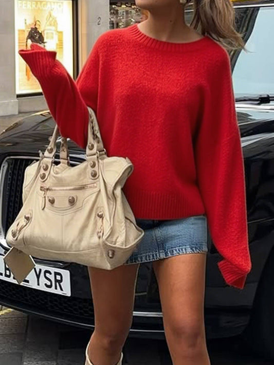 Simple style round-neck long-sleeved sweater