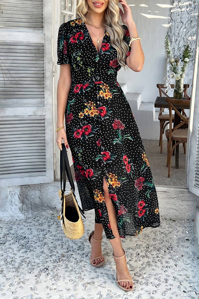 CWDMD5354_SUMMER SEXY DEEP V PRINTED SHORT SLEEVE DRESS