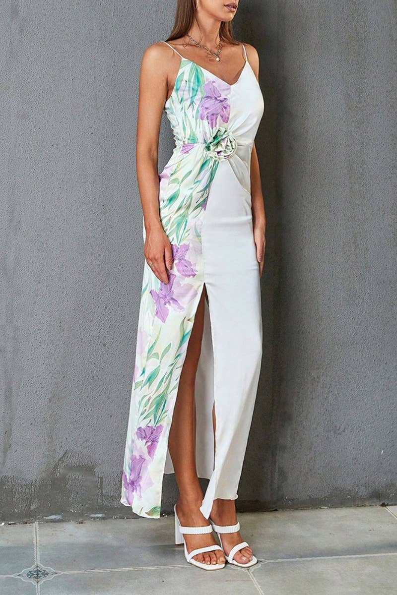 CWDHL0487_SUMMER FLOWER PRINT SPLIT HALTER DRESS LONG