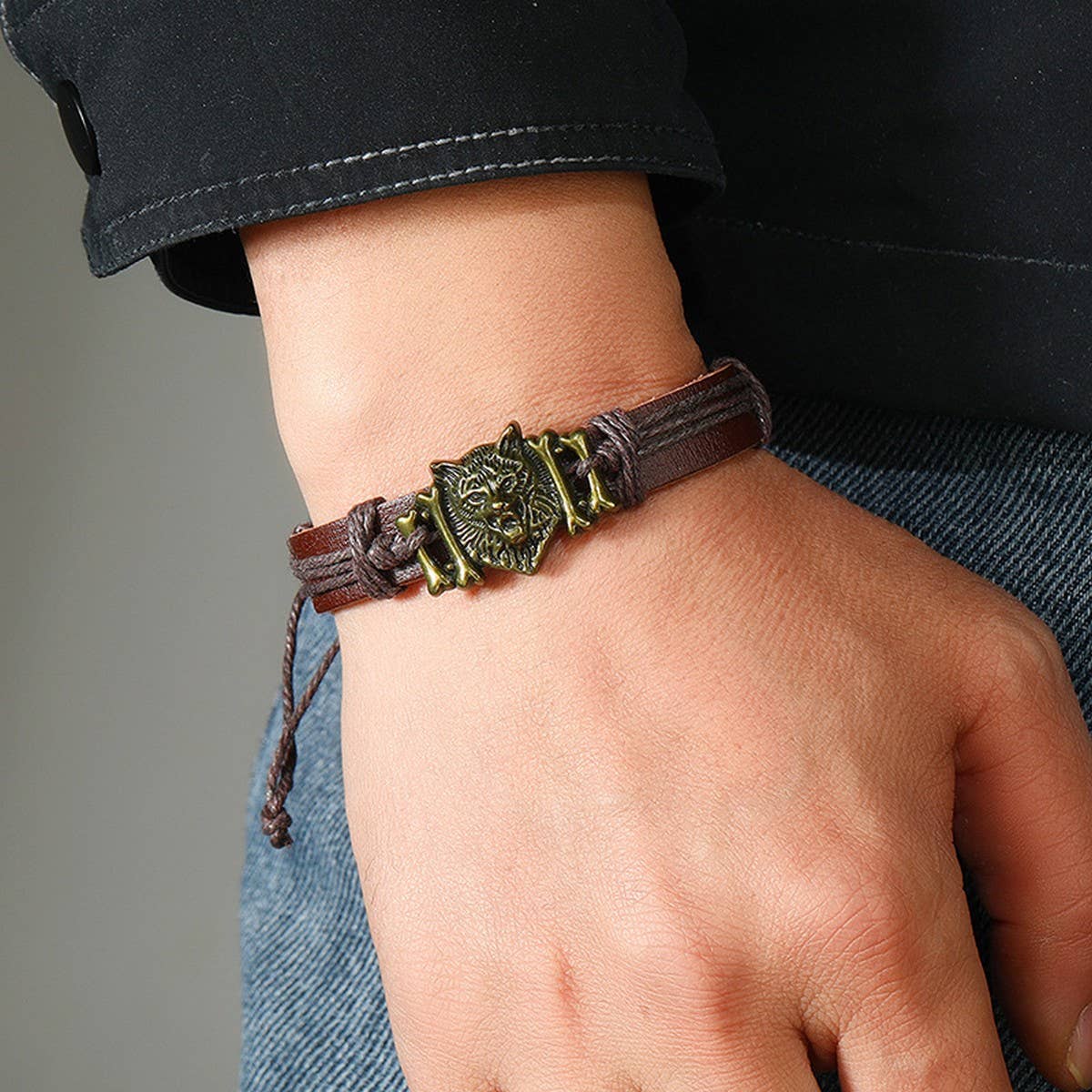 VINTAGE BRAIDED WOLF HEAD LEATHER BRACELET