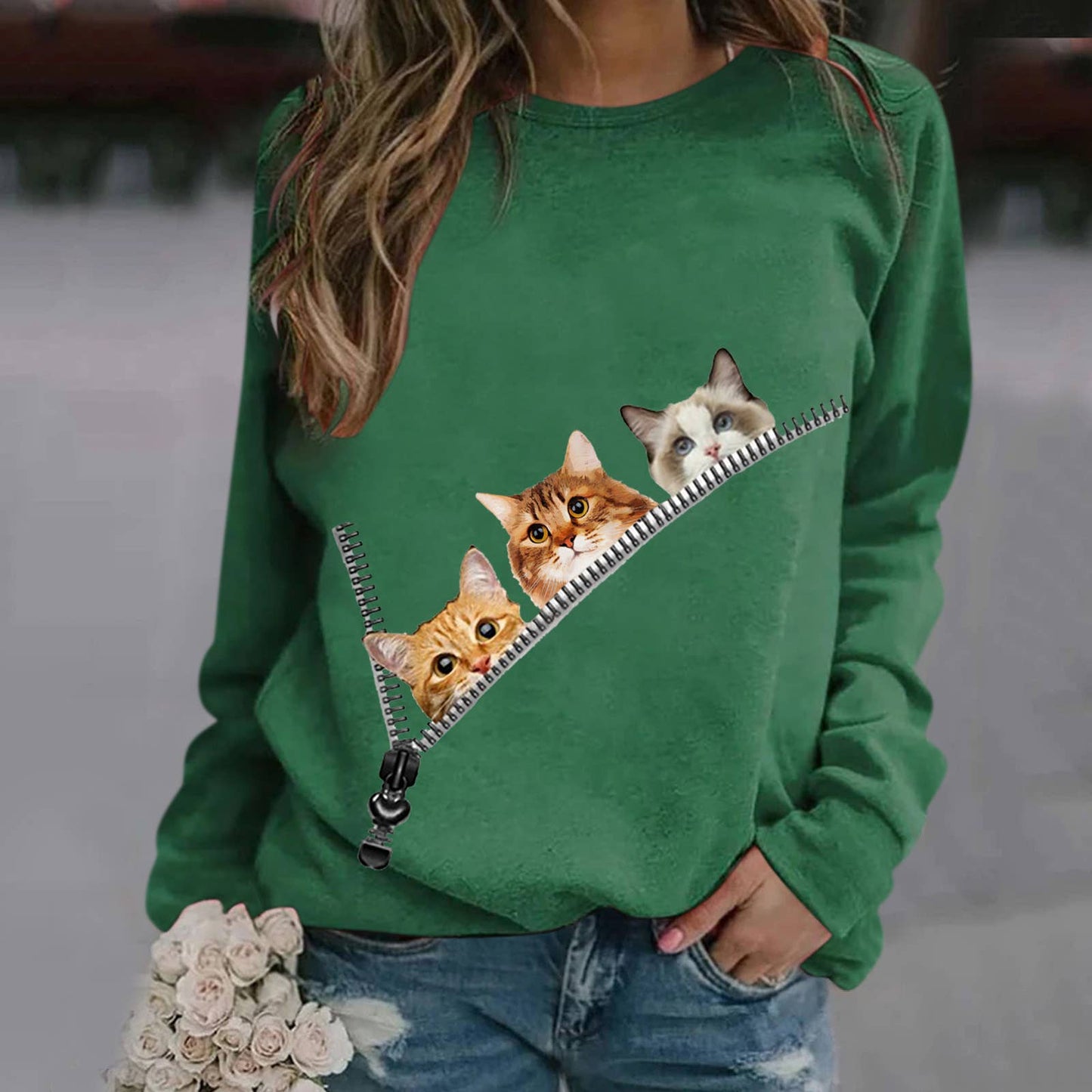 Kitty-print fashion turtle-neck hoodie