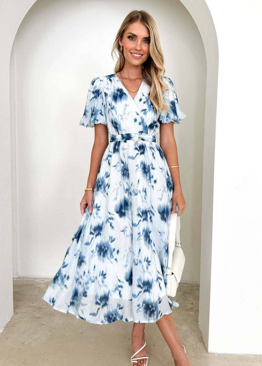 Puffy sleeve print sexy women's V-neck dress