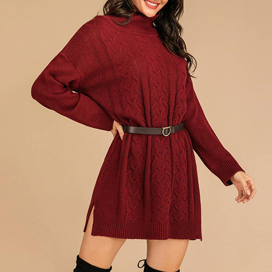 MID-LENGTH CASUAL KNIT SKIRT WITH LOOSE HIGH NECK