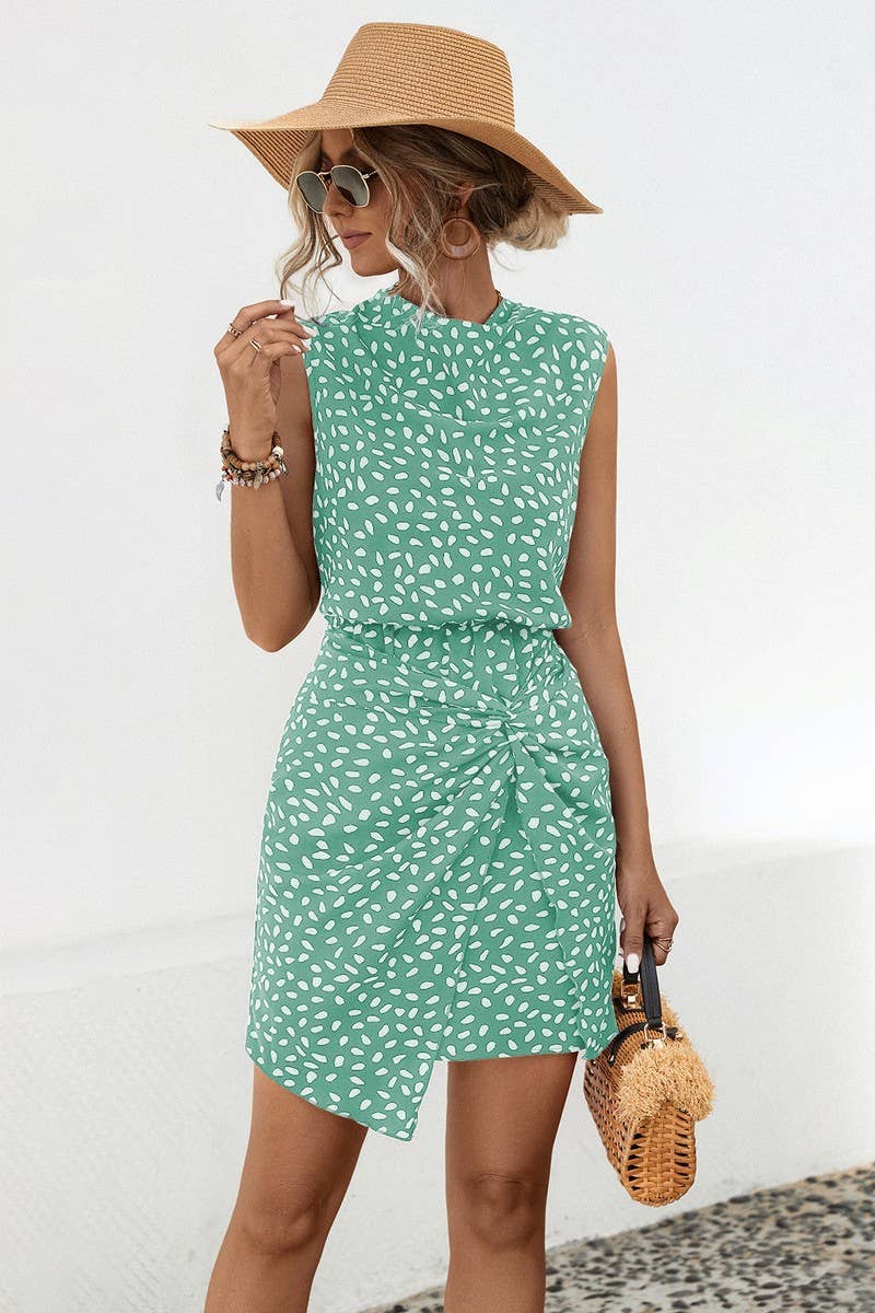 CWDSD7112_SUMMER POLKA DOT PILE NECK SLEEVELESS DRESS