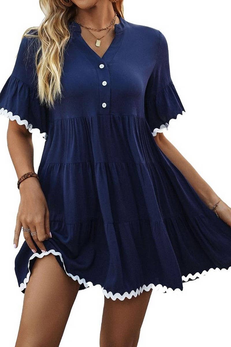 CWDSD4429_LACE V-NECK SOLID COLOR BABY DOLL DRESS