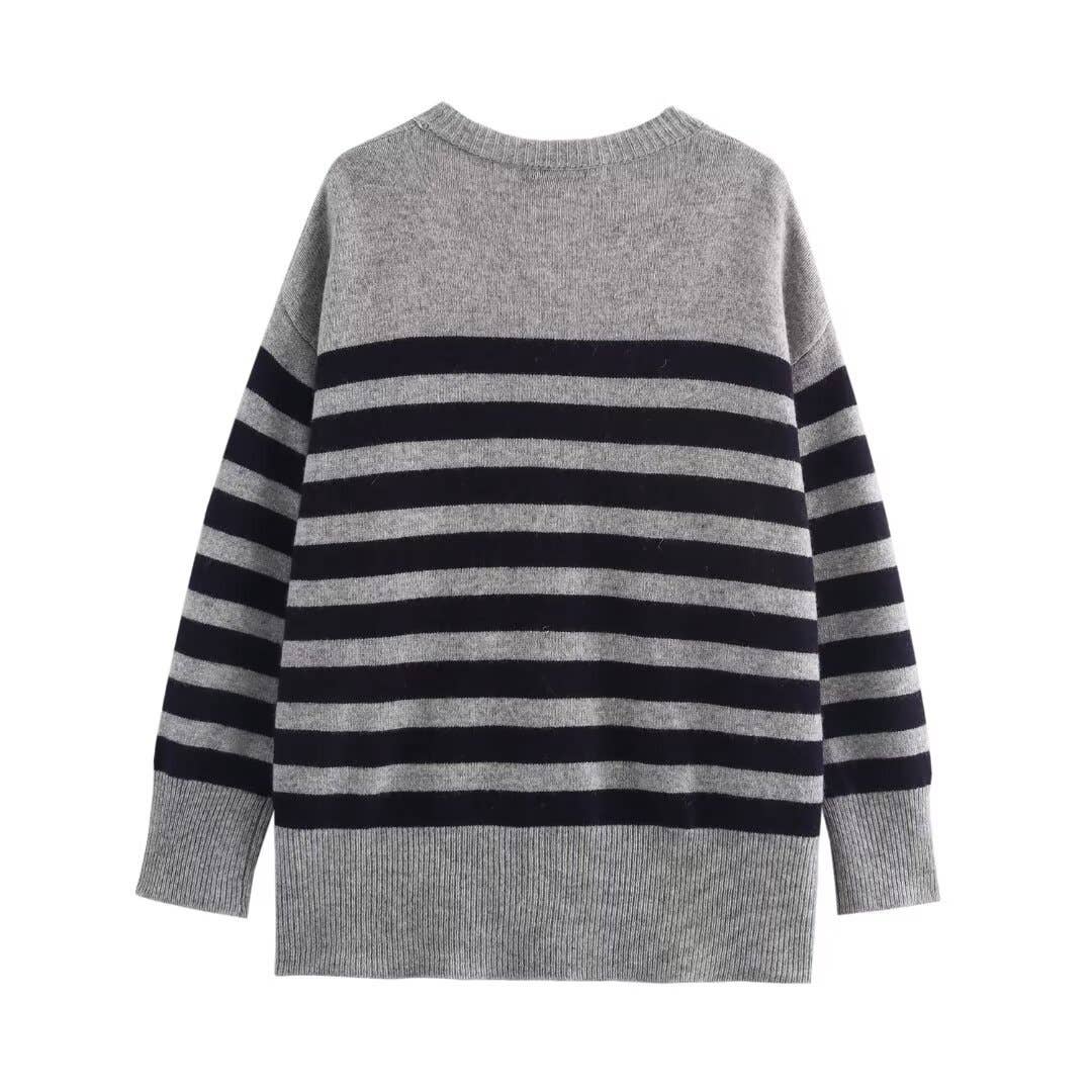 STRIPED BREASTED V-NECK KNIT CARDIGAN JACKET