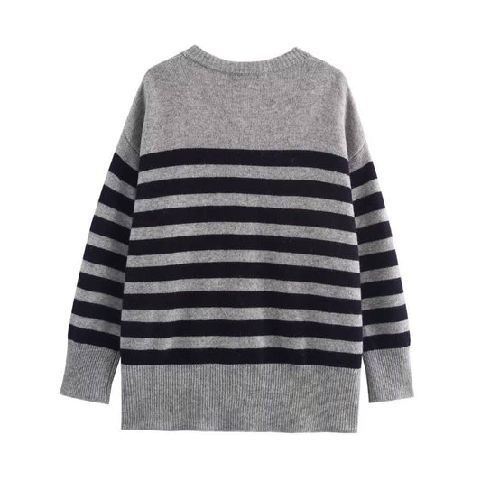 STRIPED BREASTED V-NECK KNIT CARDIGAN JACKET