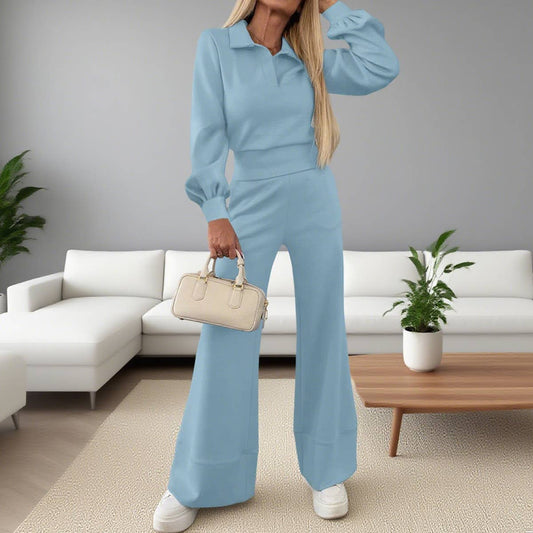 Lapel long-sleeved top elastic wide-leg pants set