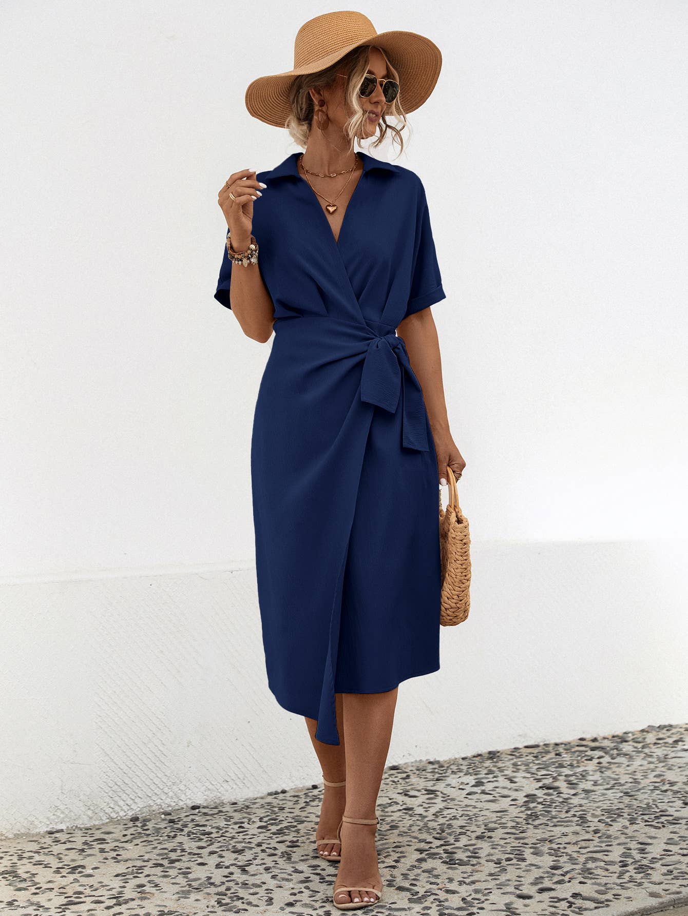 LAPEL WRAP SHORT SLEEVE LONG DRESS