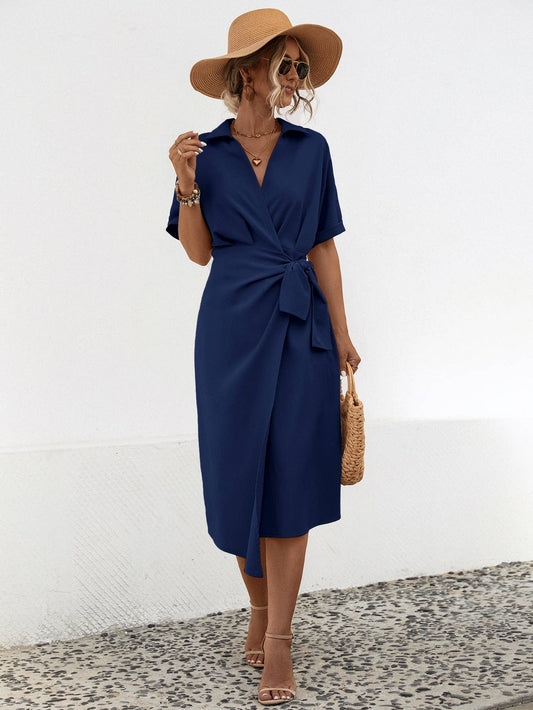 LAPEL WRAP SHORT SLEEVE LONG DRESS
