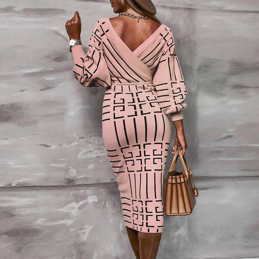 PRINT LONG-SLEEVED V-NECK FANNY PACK HIP DRESS