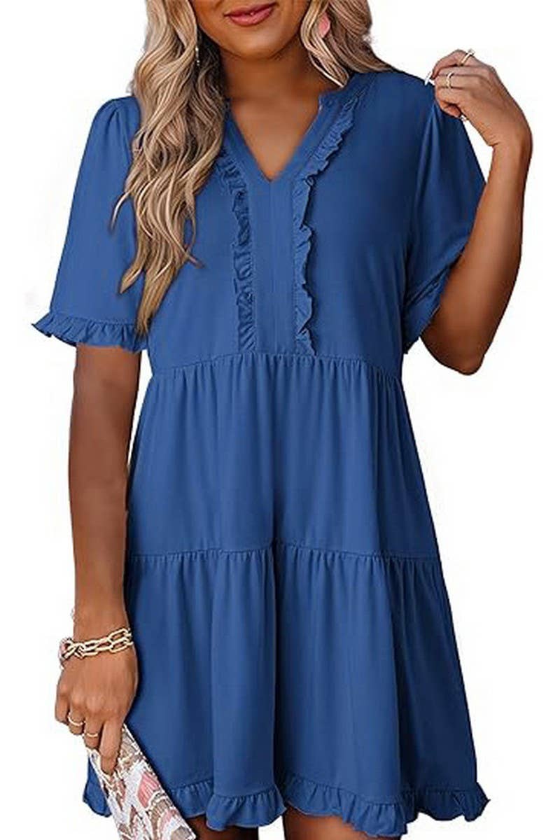 CWDSD8780_V-NECK SHORT-SLEEVED CASUAL A-LINE RUFFLED MINI DR