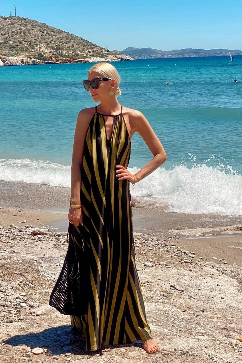 CWDMD6485_STRIPED V-NECK TIE WAIST BEACH MAXI DRESS