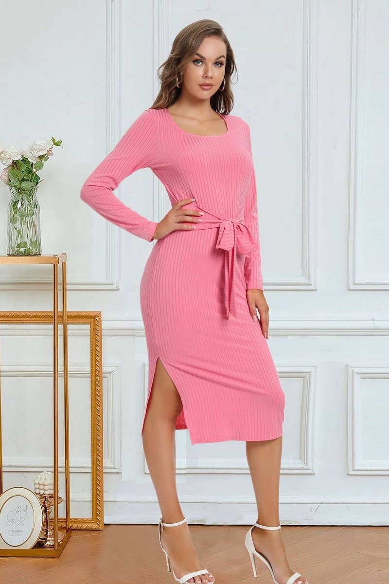 CWDMD4728_SOLID COLOR STRAPPY SLIT MID-LENGTH DRESS