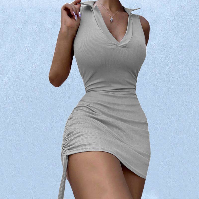 V-NECK LAPEL SLEEVELESS RIBBED SEXY KNIT DRESS