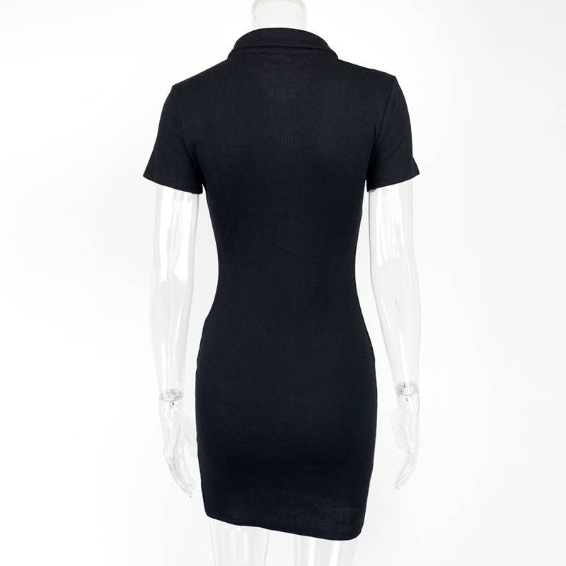 SKINNY LAPEL SEXY SPICE SHORT SLEEVE KNIT DRESS