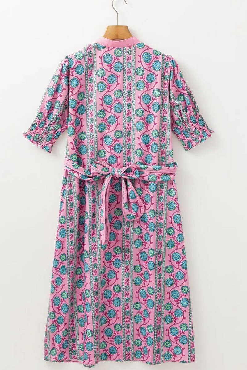 CWDMD5851_FLORAL COLORBLOCK HIGH WAIST TIE MIDI DRESS