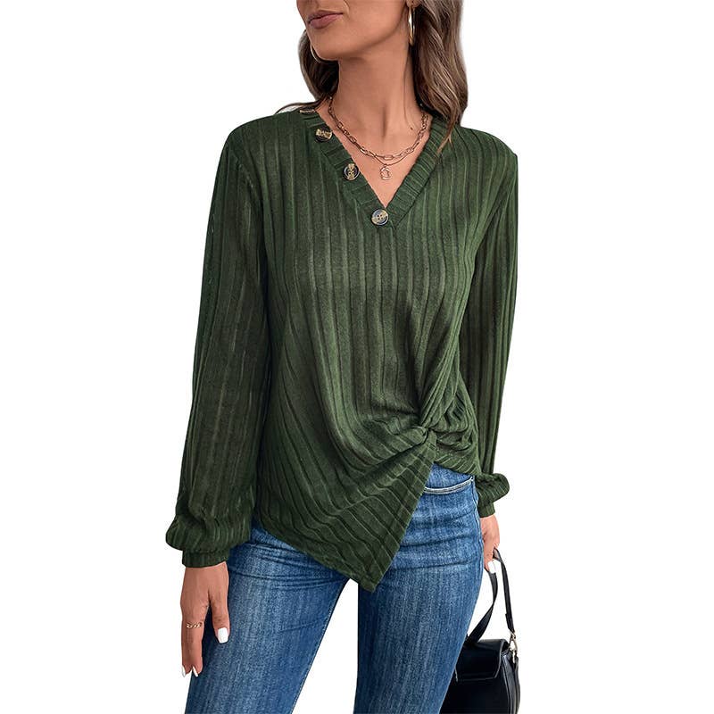 V-NECK TEXTURE SOLID COLOR PIT STRIP SWEATER
