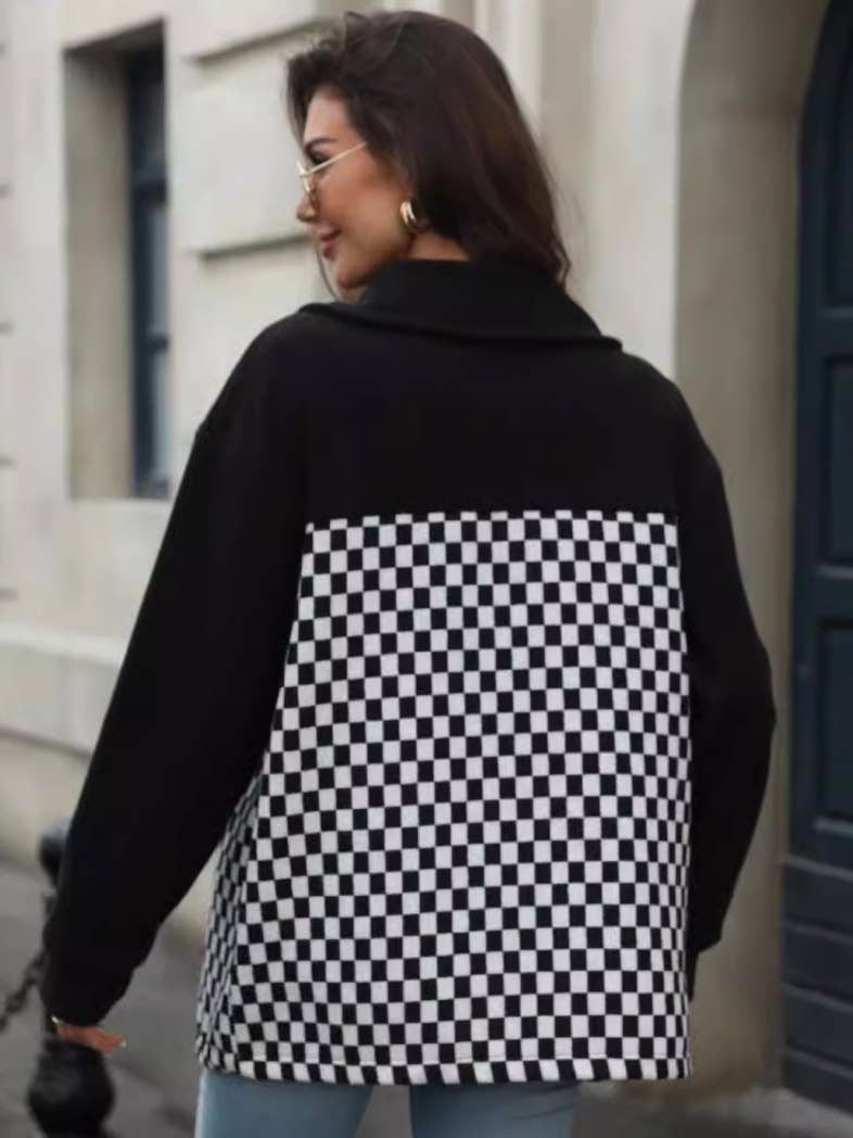 SINGLE BREASTED LONG SLEEVE FLEECE PLAID COAT