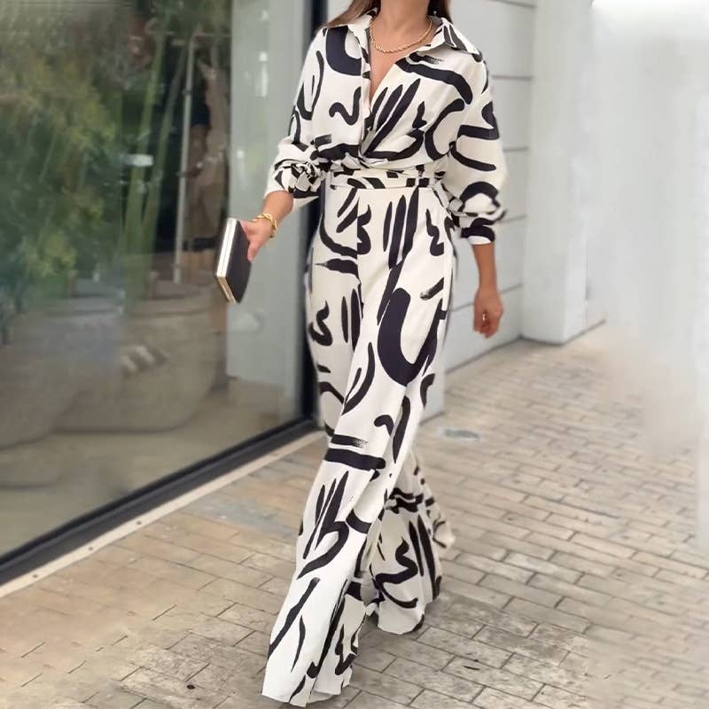 STYLISH CASUAL PRINT LAPEL BAGGY JUMPSUIT