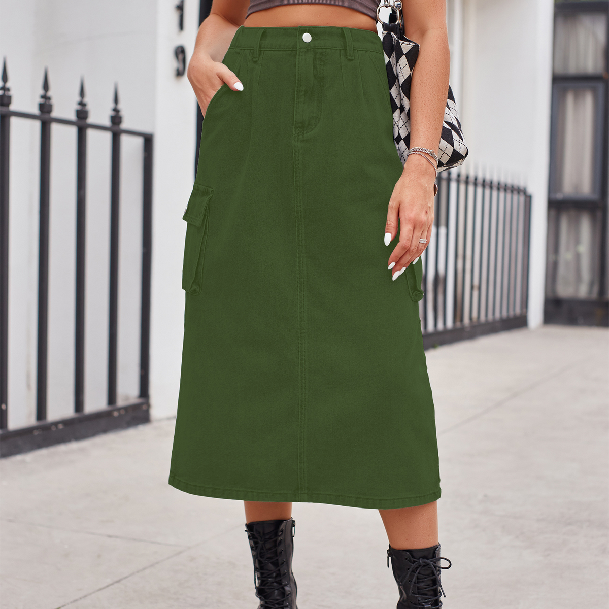 Women??¢s Washed Denim Cargo Midi Skirt Slim Fit_CWJSK0198