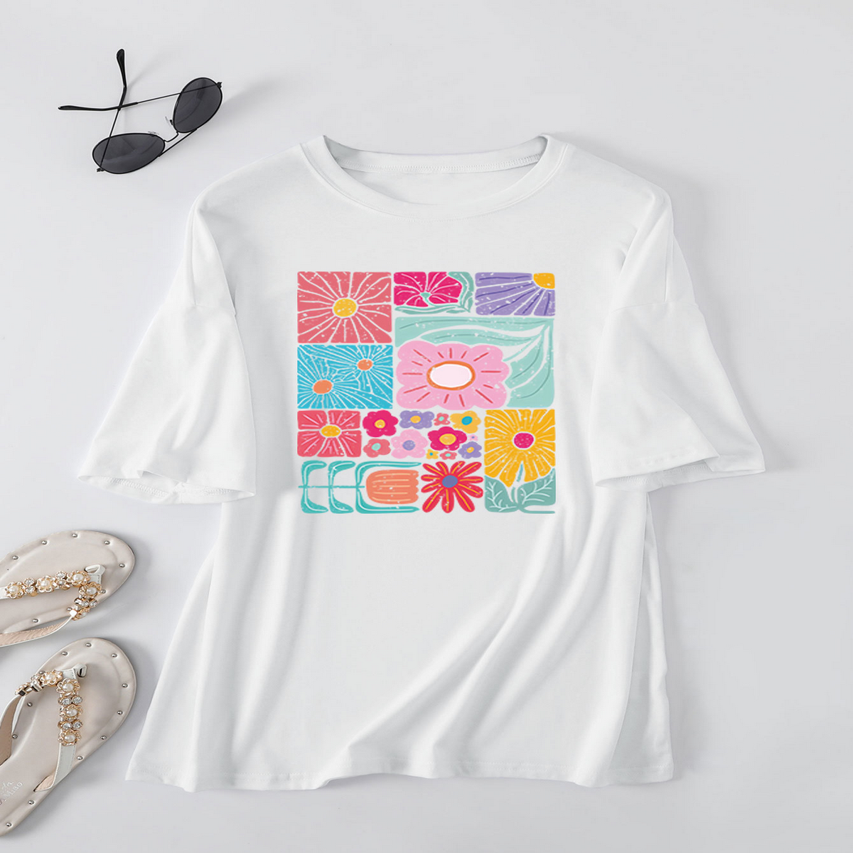 Women??¢s Loose Fit Tee with Colorful Flowers_CWTTS1466