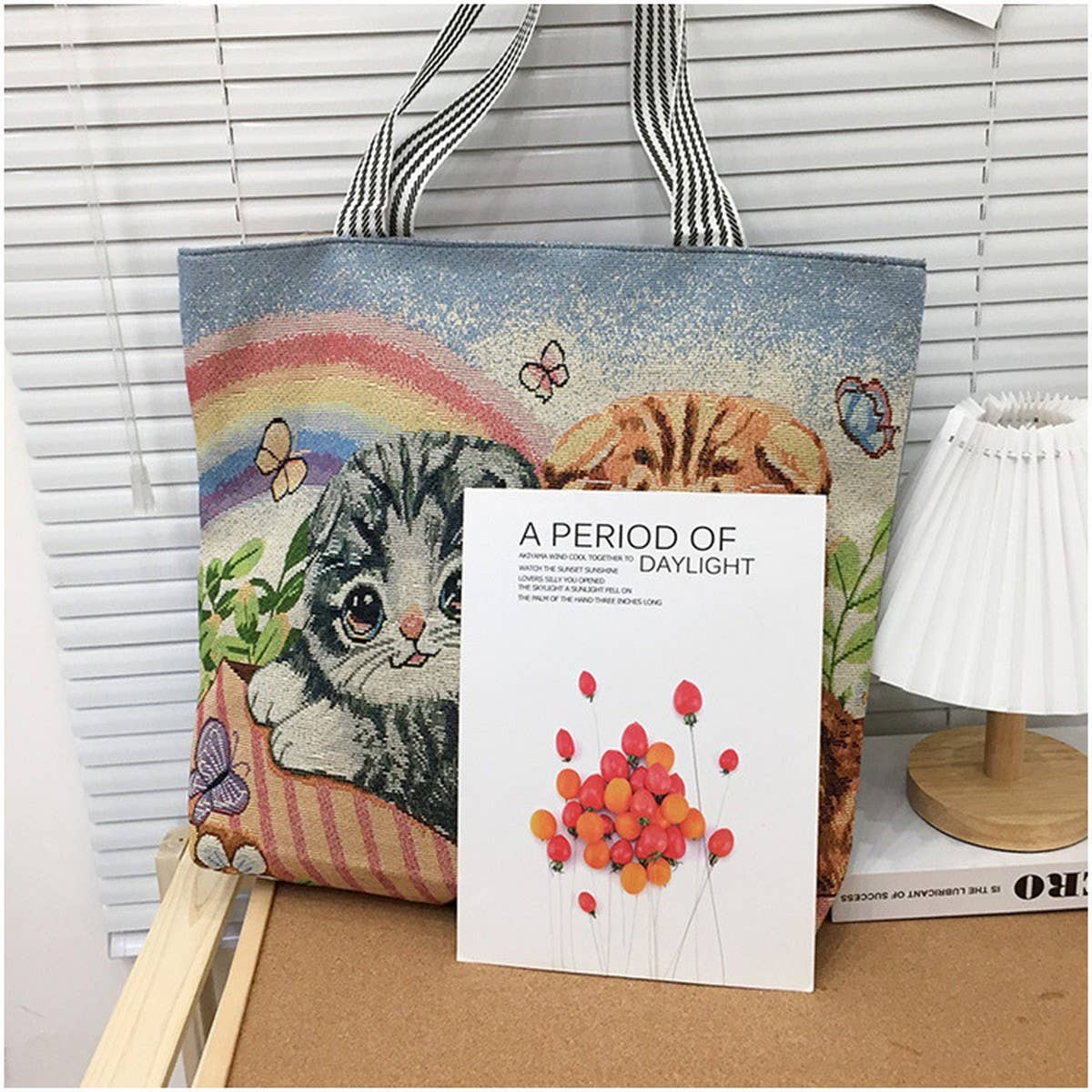 CUTE CAT EMBROIDERED CANVAS SHOULDER BAG TOTE BAG_CWAB1676