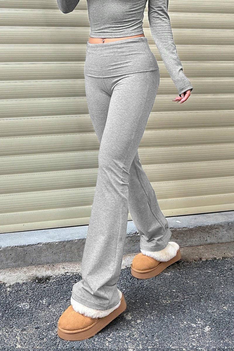 CWBLP1424_SOLID COLOR SLIM FIT WIDE WAIST FLARED TROUSERS