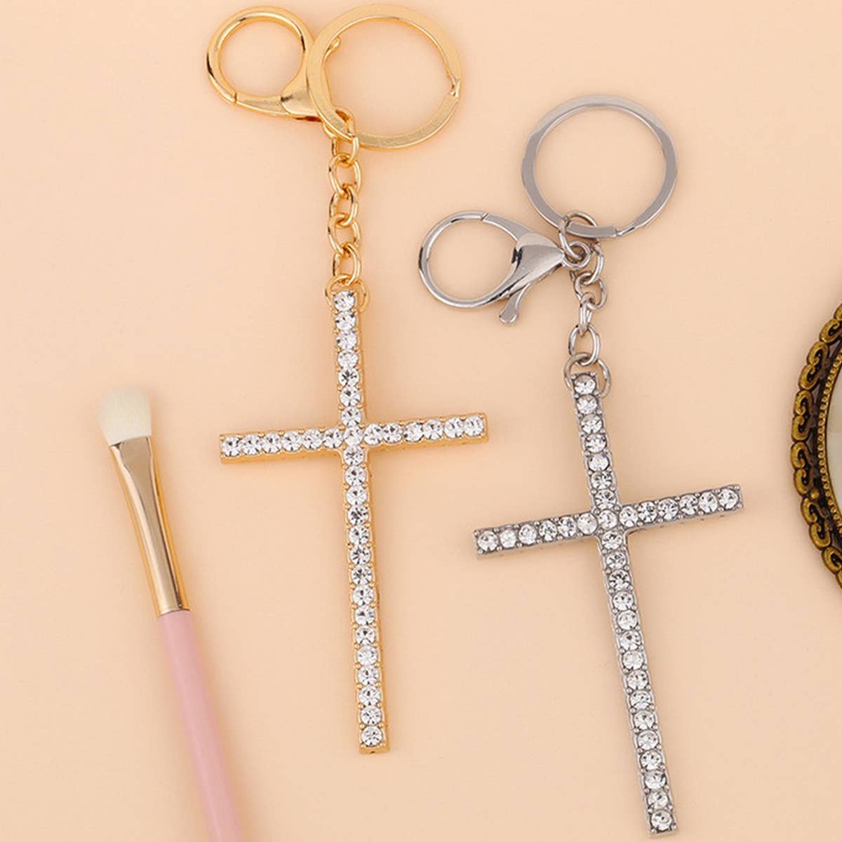 SHINY RHINESTONE CROSS KEYCHAIN PENDANT