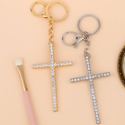 SHINY RHINESTONE CROSS KEYCHAIN PENDANT