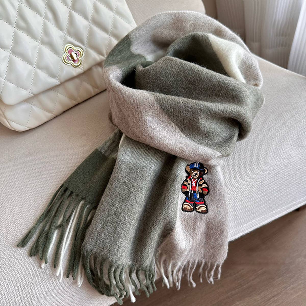 British Plaid Bear Scarf - Unisex Winter Warm Wrap_CWASC1496