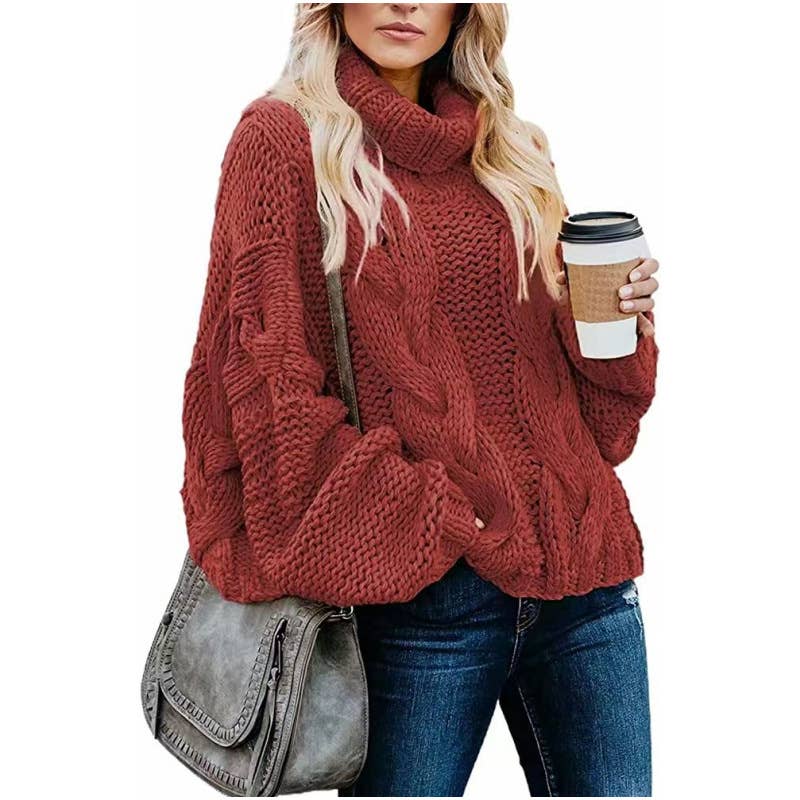 Laid-back solid-color tweed high-neck sweater