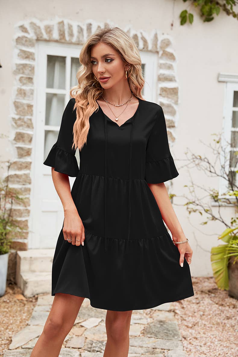 LACE-UP BOHEMIAN MINI DRESS WITH LOTUS SLEEVES