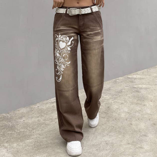 Fashion printed straight-through wide-leg jeans