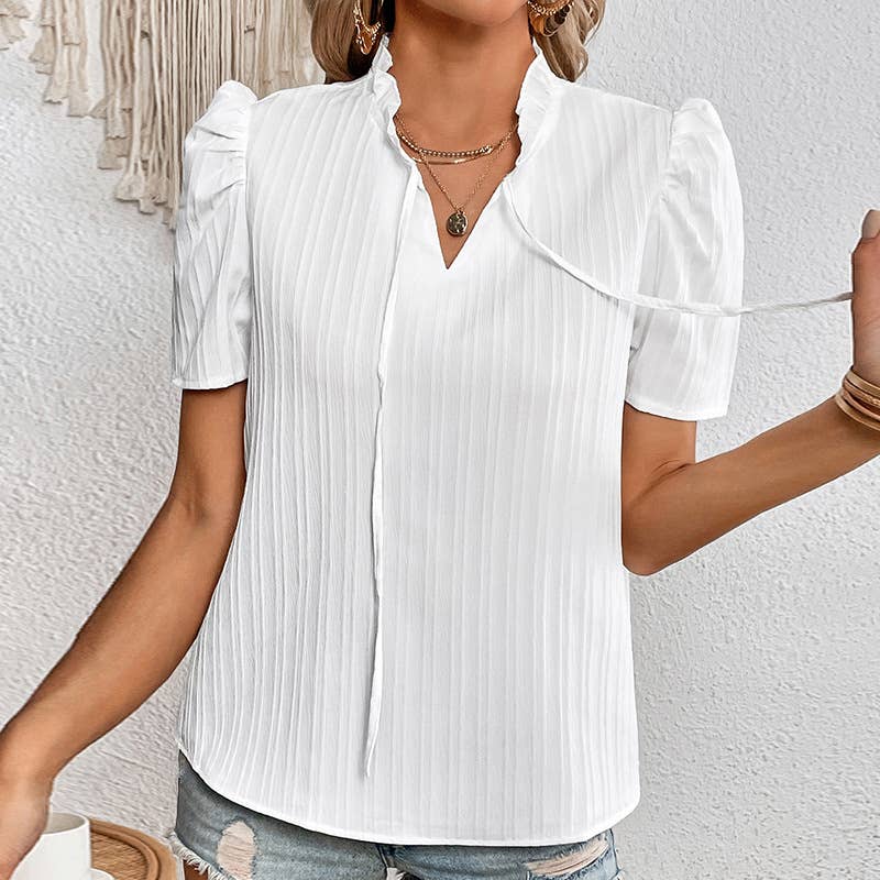 TEMPERAMENT CHIFFON V-NECK LACE-UP LOOSE T-SHIRT
