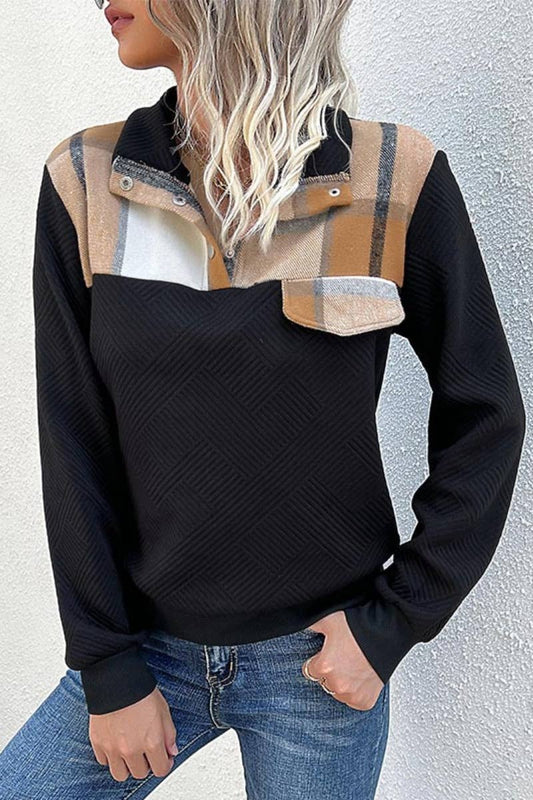 CWOHOL1012_WINTER PLAID PATCHWORK STAND-UP COLLAR HOODIE