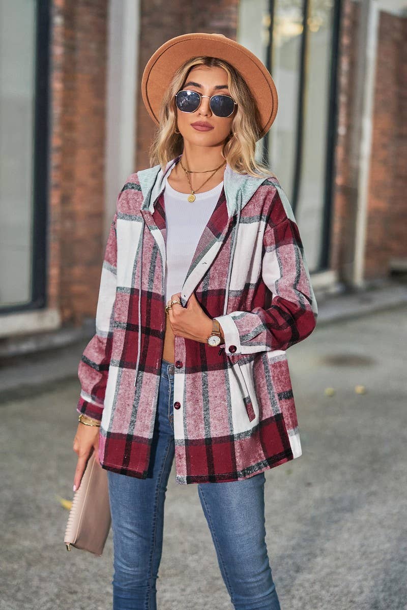 CWOCO1102_CASUAL LOOSE MID-LENGTH PLAID HOODED COAT