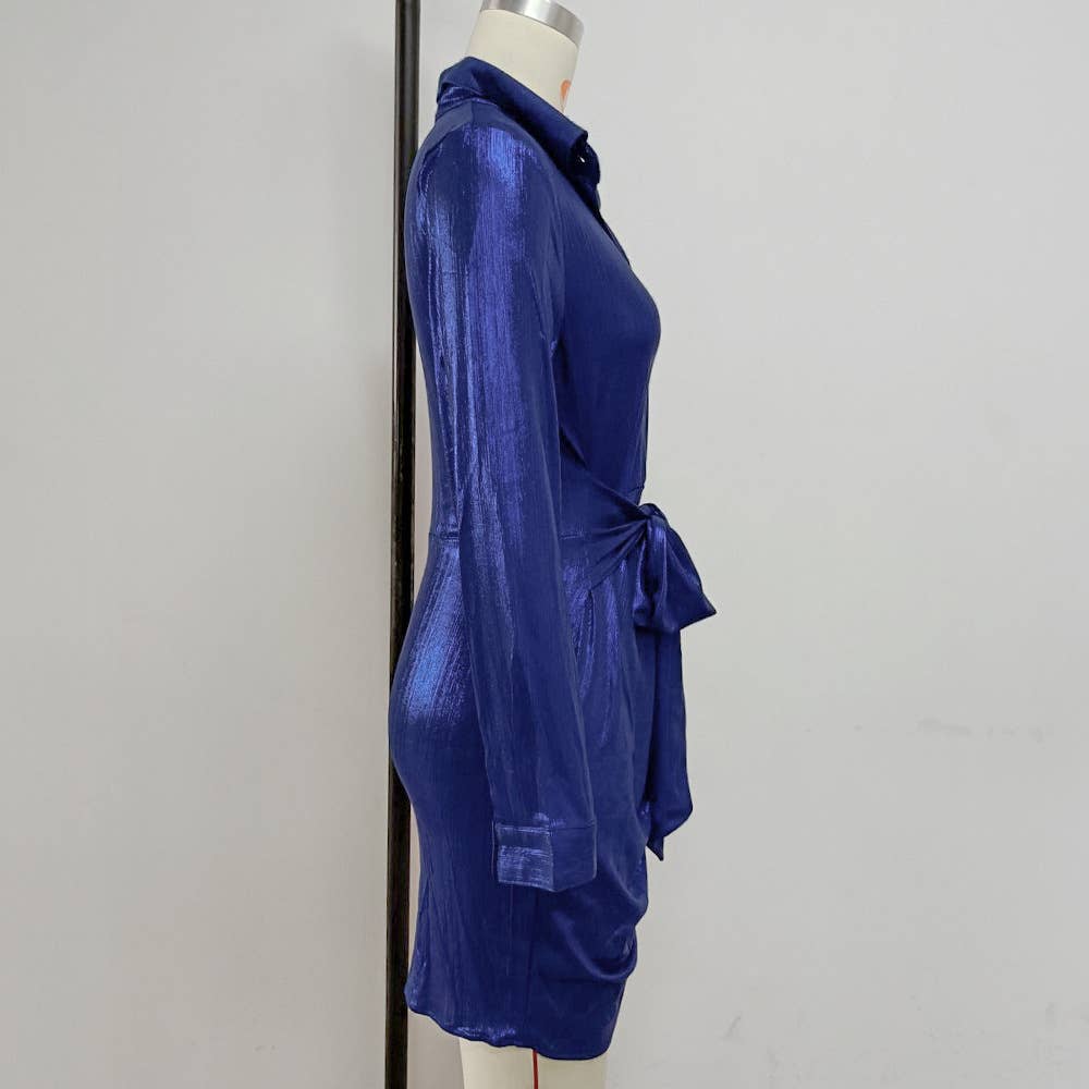 Stylish lapel bow lace-up slim short shirt dress