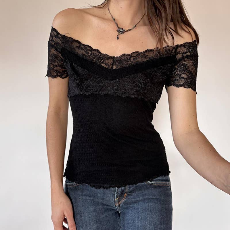 Sexy lace stitching see-through T-shirt