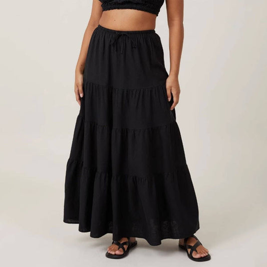 COTTON SKIRT HIGH WAIST ELASTIC TIE LONG SKIRT_CWAB4806