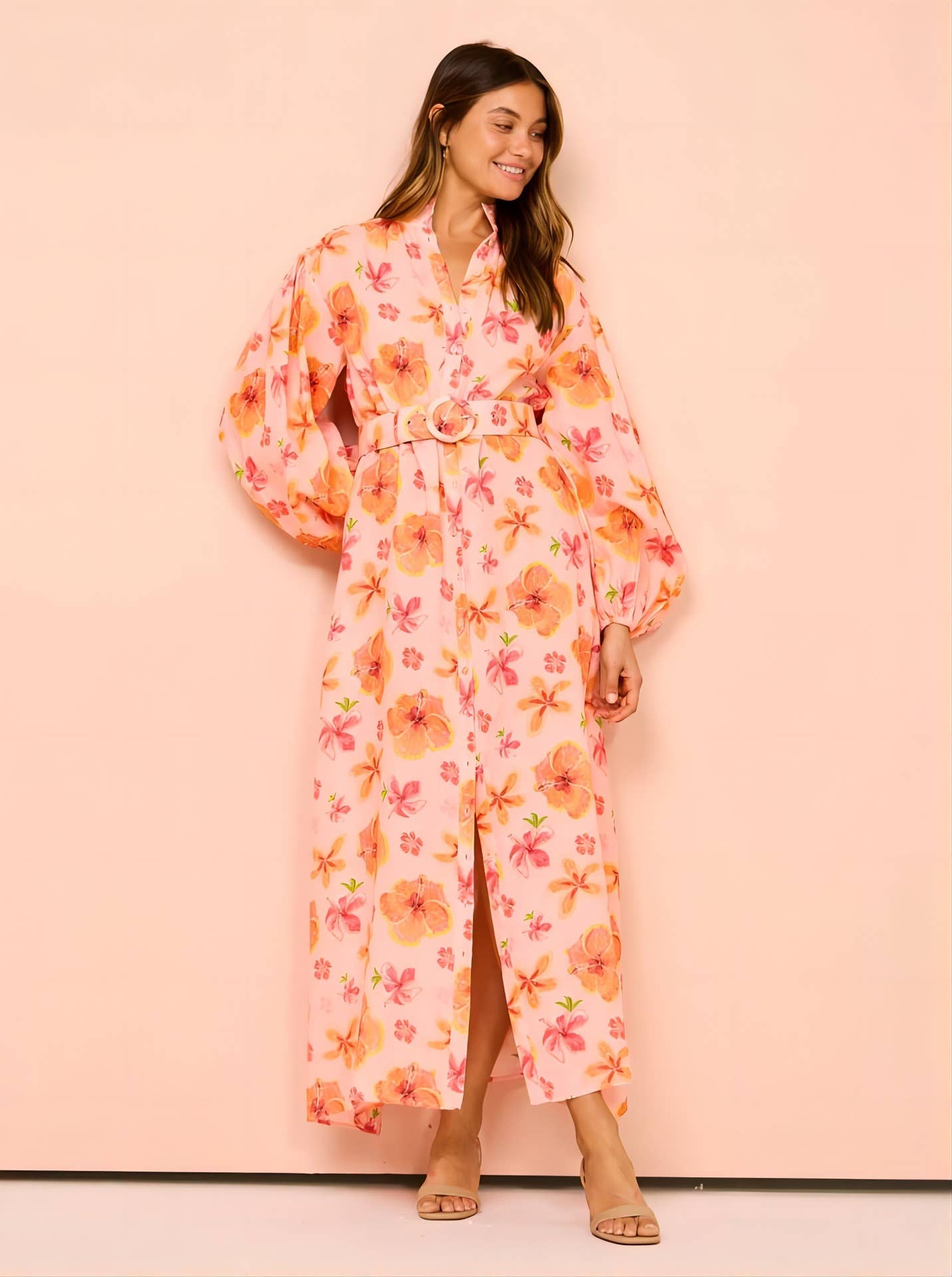 STAND COLLAR LANTERN SLEEVE SLIT LONG DRESS