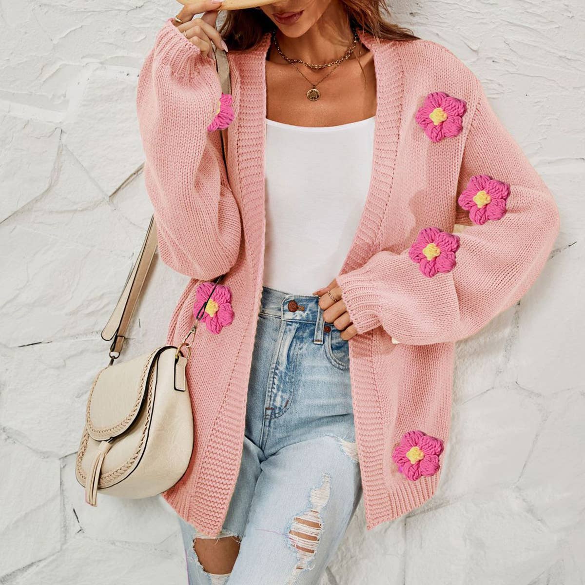 Flower cardigan lantern sleeve sweater coat_cwocal0687