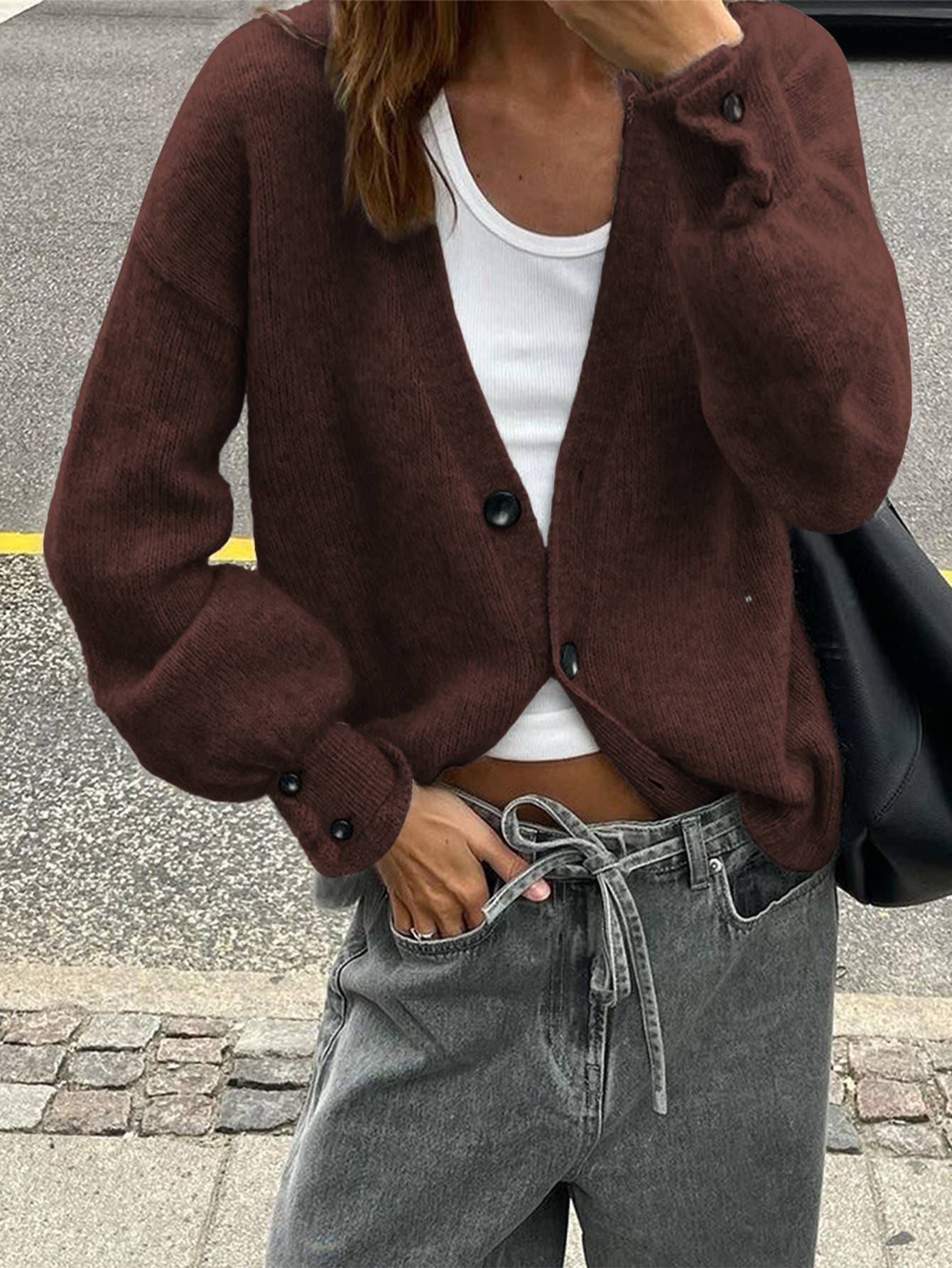 Simple button solid-color long-sleeved sweater