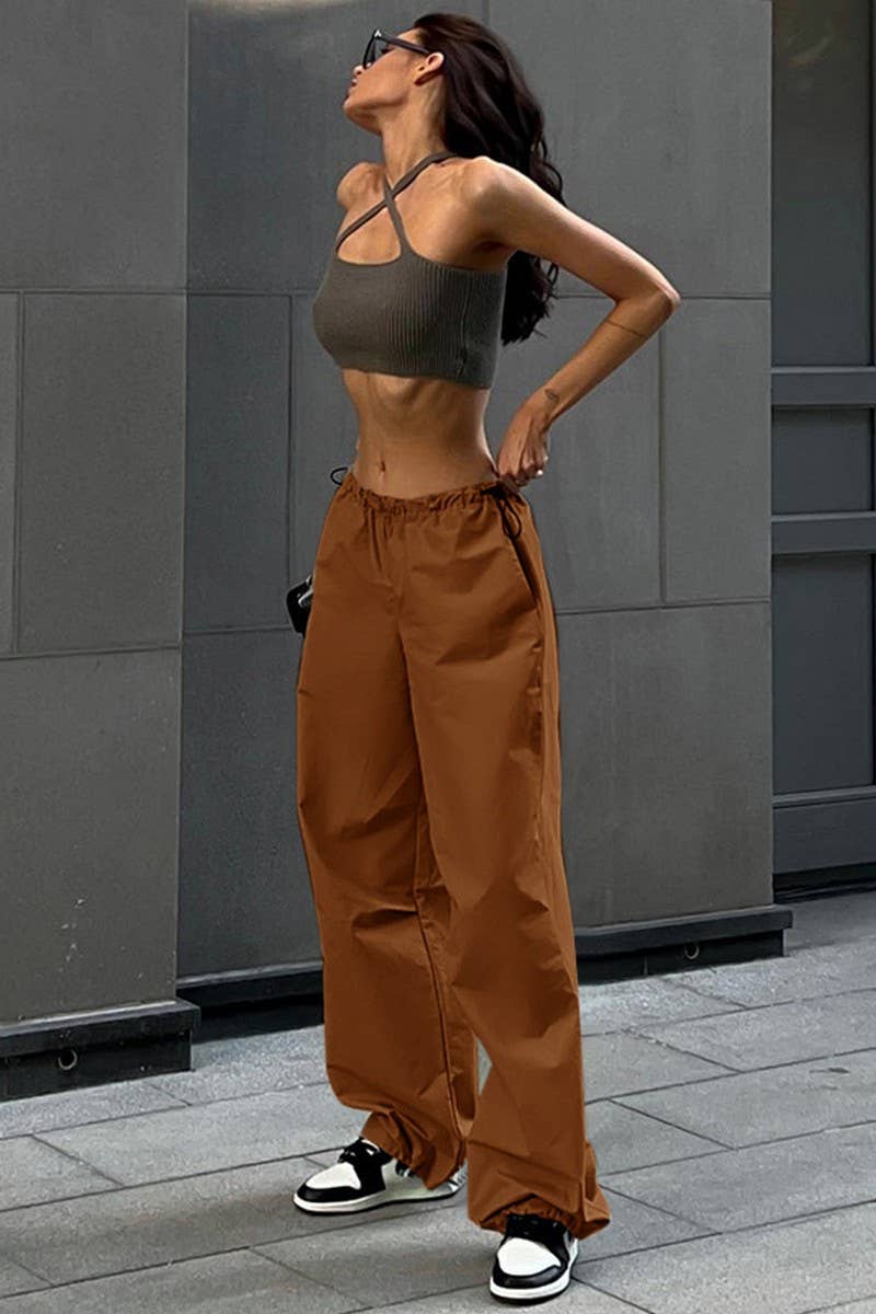 CWBLP1711_SOLID COLOR DRAWSTRING WAIST CASUAL PANTS