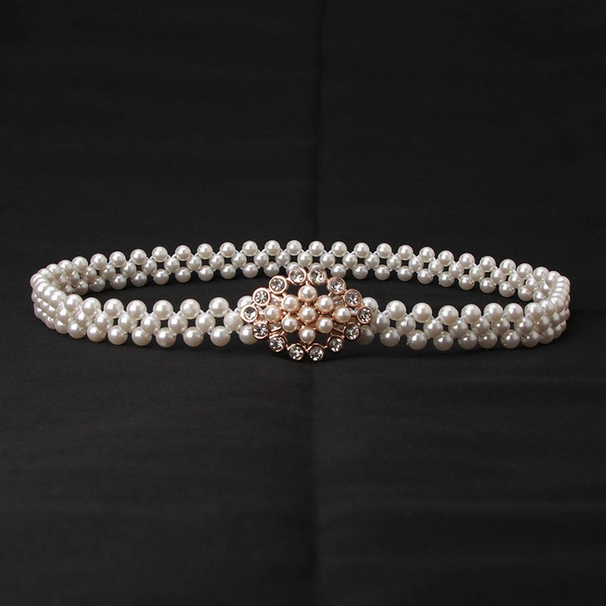 PEARL WOVEN ELASTIC BELT RHINESTONE ALLOY BUCKLES_CWABE0395