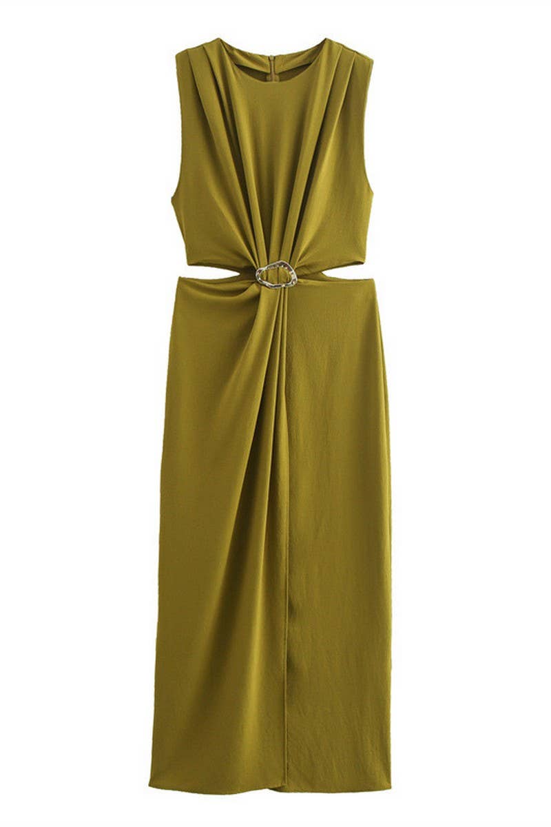 CWDMD4174_ROUND NECK SLEEVELESS PLEATED SHOULDER DRESS