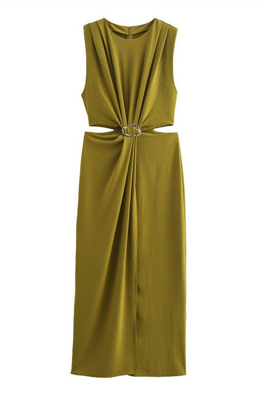 CWDMD4174_ROUND NECK SLEEVELESS PLEATED SHOULDER DRESS