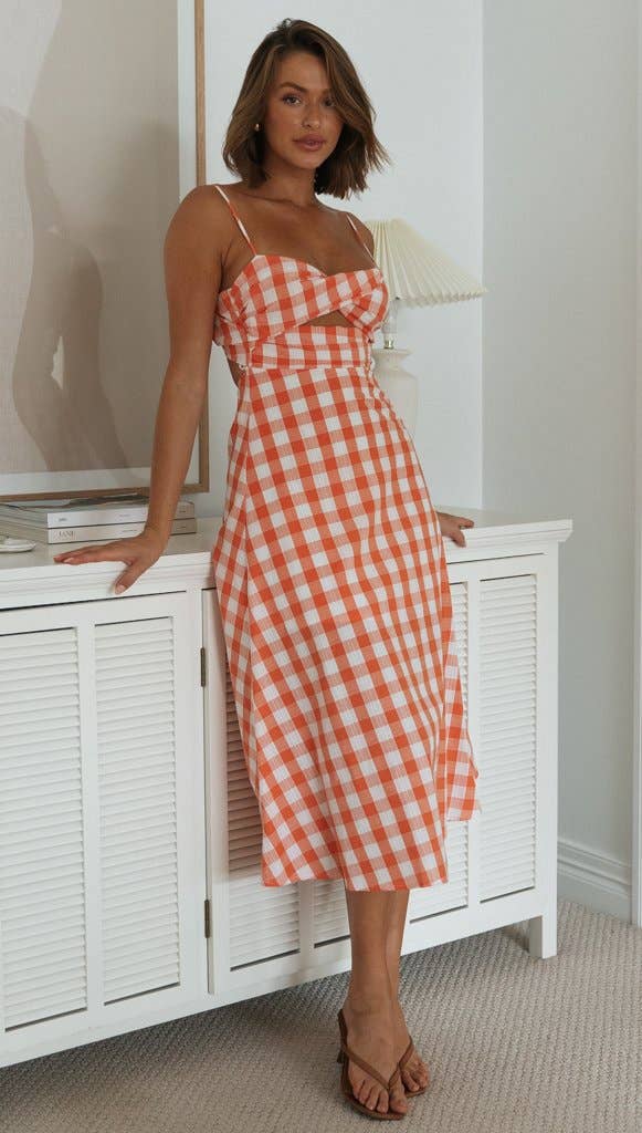 Plaid Cutout Front Backless Maxi Dress